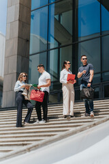 Fototapeta premium Four business associates stand on outdoor steps holding folders, bags and talking. Colleagues converse on the steps of a modern office building while reviewing documents.