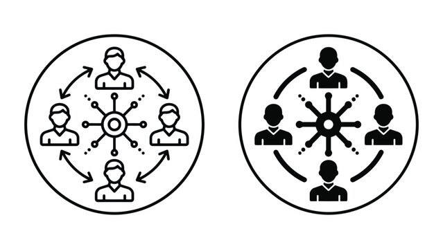 Centralized network hub with connected team members icon set, connection