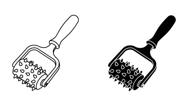 Dough Roller Tool Icons: A set of stylized icons representing a dough roller tool, one in outline and the other in silhouette, both featuring a spiked roller for textured dough preparation.