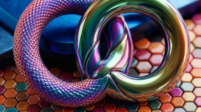Close-up abstract render of two interlocked metallic toroids with iridescent finishes and contrasting textures on a colorful hexagonal surface.
