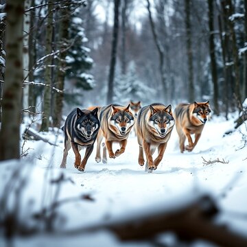 group of dogs in winter forest