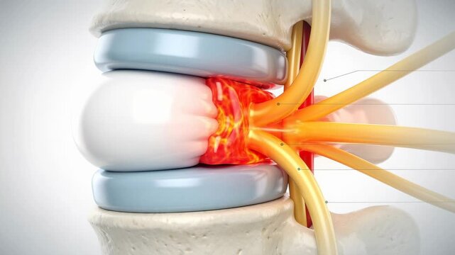 Detailed 3D illustration of herniated disc pressing spinal nerves causing inflammation and pain