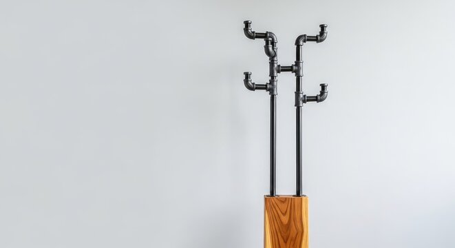 An industrial coat rack featuring a sturdy black metal pipe frame and a solid natural wood base, ideal for modern urban home interior decor, wardrobe, functional, sturdy