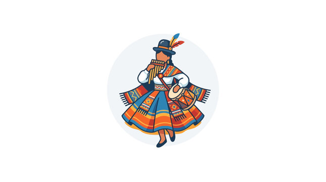 Peruvian Woman Playing Pan Flute and Drum in Traditional Andean Clothing