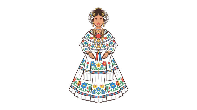 Panamanian Woman in Pollera Dress, Traditional Folk Costume, Floral Embroidery, Festive Attire