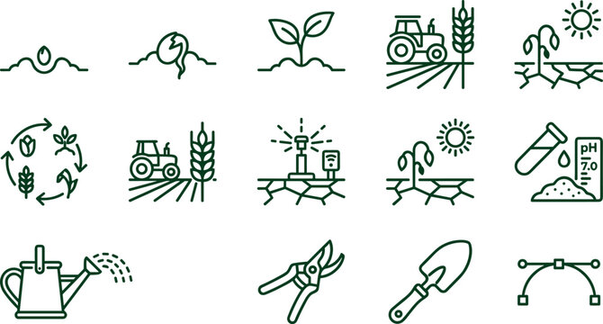 Agriculture and Crop Cultivation Icon Set with Seed Sprouting Tractor Irrigation Drought Soil pH Test Watering Can and Gardening Tool Symbols for Agritech Designs