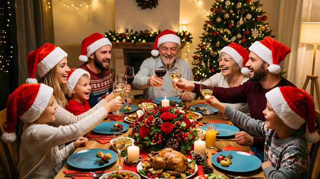 Festive Family Christmas Dinner: A heartwarming scene of a multi-generational family gathered around a festively decorated dining table.