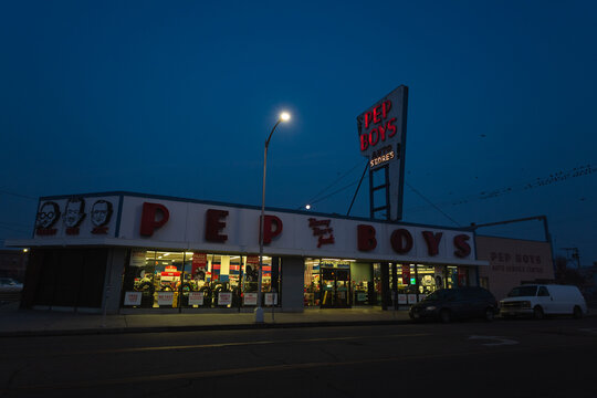 Vintage Pep Boys building with original signage in Fresno, California, October 2019