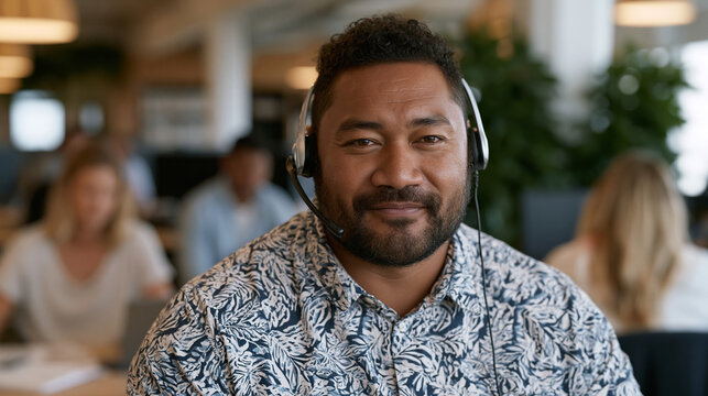 Pacific Islander male social worker at a standing desk in an open-plan office, headset on for an online therapy session, colleagues working quietly behind him, accessibility and