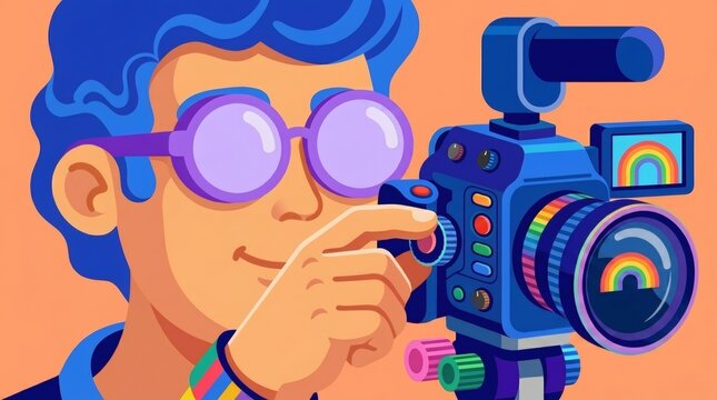 A colorful vector illustration of a blue-haired character wearing round purple glasses while operating a stylized video camera with rainbow elements.
