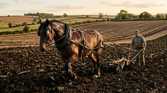 Strong draft horse diligently pulling a plow through fertile farmland at sunrise
