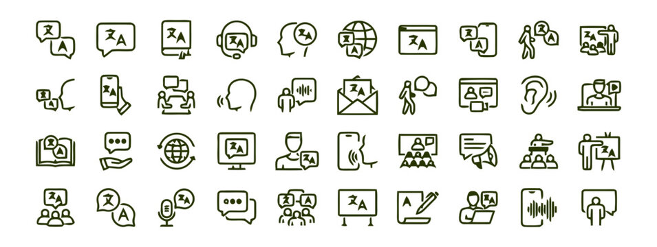 Language translation icons represent global communication and multilingual services for businesses.