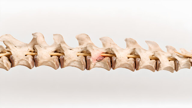Cat spine intervertebral disc disease 3D veterinary render showing realistic disc protrusion near spinal cord for animal healthcare, medical education, neurology, radiology, and patient education use