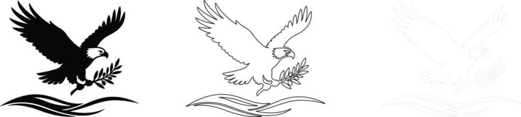 Fototapeta premium Bald eagle carrying olive branch flying over sea water.