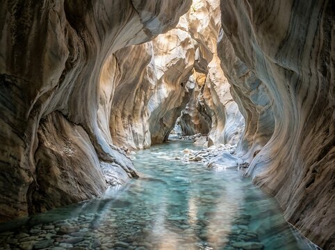 Clear river flowing through a narrow marble canyon