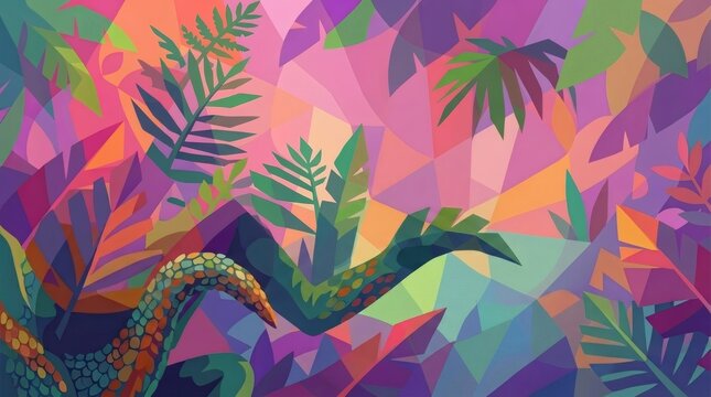 A vibrant abstract vector illustration of a tropical jungle scene filled with geometric foliage patterns and mosaic textures.
