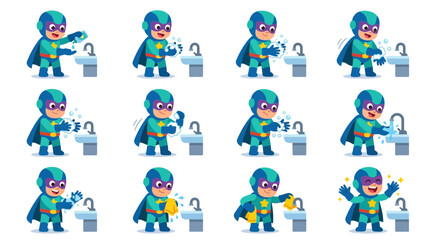 Fototapeta premium Superhero Washing Hands Step-by-Step Cartoon Illustration