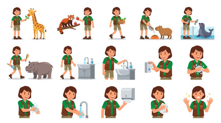 Fototapeta premium Zoo Keeper Caring for Animals and Practicing Hygiene