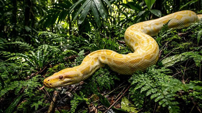 Yellow and white albino snake slithering in a tropical rainforest