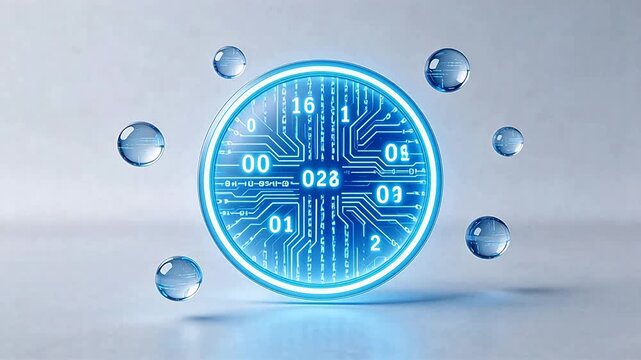 Blue digital coin with binary code