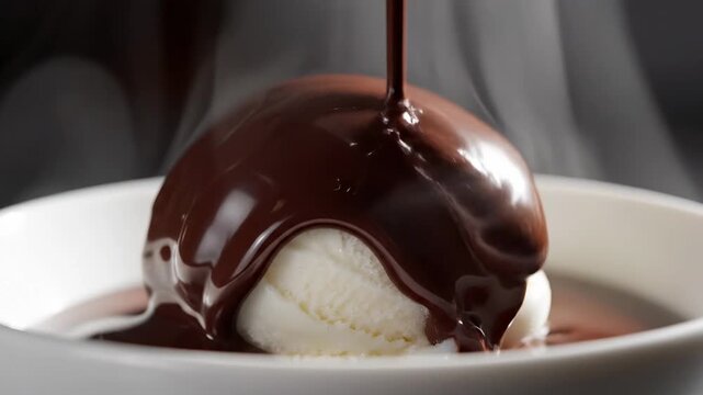Melting chocolate sauce poured over a scoop of vanilla ice cream in a bowl