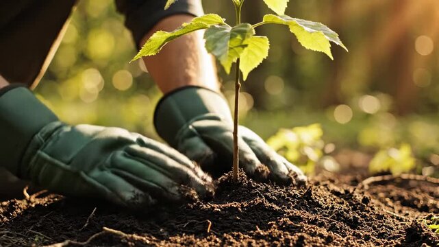 Planting a young tree in the garden while wearing gloves during the afternoon