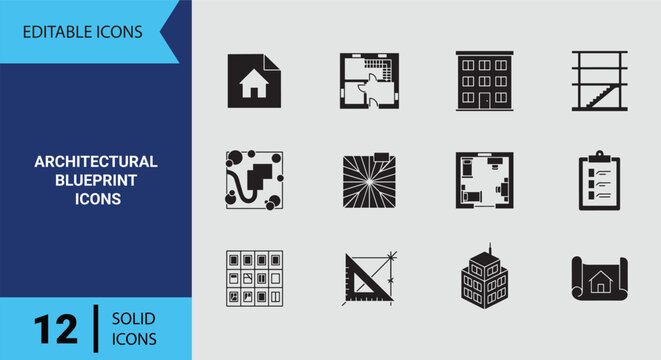 Architectural Blueprint Solid Icon Set For Technical Building Design And Construction Layouts