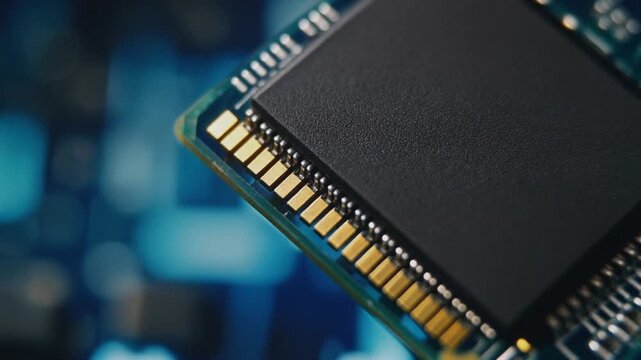 黒いSSD基板に複数のNANDメモリと金色端子が並び青い背景で半導体の精密さを示す美しい製品光景