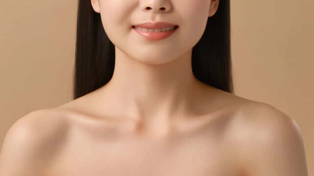 若い女性が喉元に指先を添えなめらかに輝く首筋と肌を見せる上品なスキンケア美容ポートレート