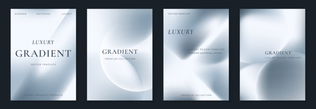 Luxury gradient vector poster template set. Premium abstract cover designs with soft blurred shapes, metallic silk texture and modern layout for beauty, fashion and product branding.