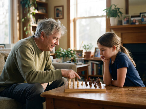 Grandfather teaching his granddaughter to play chess at home while encouraging strategic thinking and quality family time
