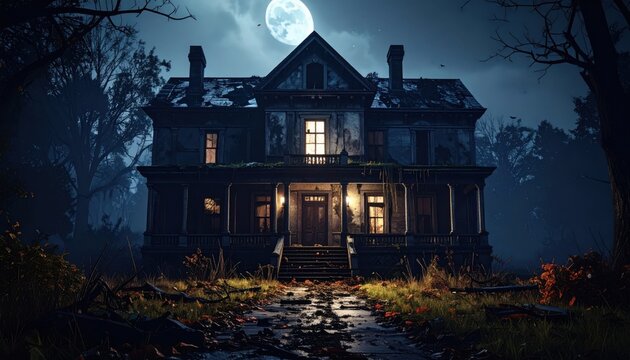 Haunted Gothic Castle in Moonlit Night Forest with Medieval Towers Dark Halloween Architecture and Spooky Landscape Background