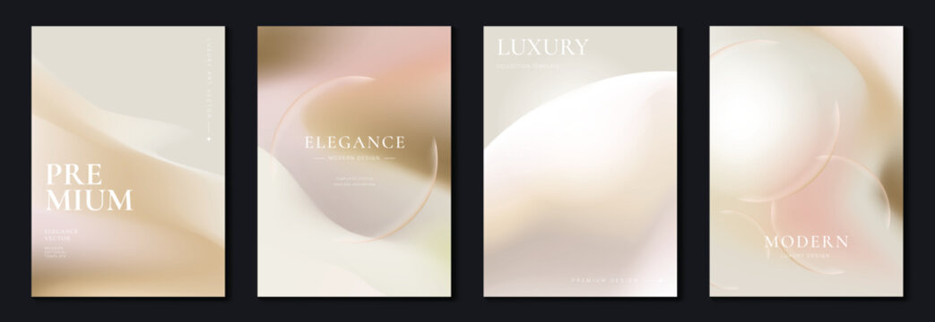 Luxury gradient vector poster template set. Premium abstract cover designs with soft blurred shapes, metallic silk texture and modern layout for beauty, fashion and product branding.