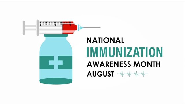 National Immunization Awareness Month animation featuring vaccine bottle and syringe with modern healthcare design. Motion graphic for awareness campaigns and educational presentations.