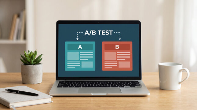 Open laptop screen displaying a professional digital marketing concept for comparative ab testing analysis strategy results