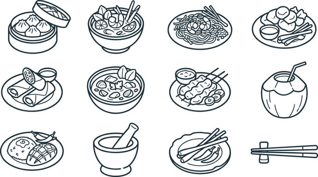 Asian Cuisine and Traditional Thai Food Icon Set with Dim Sum Tom Yum Soup Satay Spring Rolls Coconut and Chopsticks for Restaurant Menu Designs