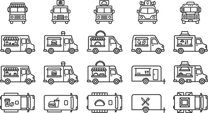 Linear vector outline icons collection of various street food vans catering trucks and mobile trailers from multiple views