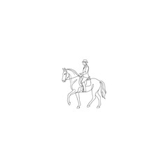 Fototapeta premium Continuous One Line Drawing of Female Equestrian Rider on Horse, Dressage Horseback Riding Minimalist Vector Illustration