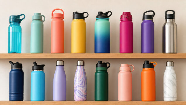 Colorful reusable water bottles arranged on wooden shelves, various shapes, materials, and lids, promoting eco friendly hydration choices