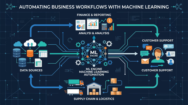 Vector illustration of business workflow automation with machine learning tools