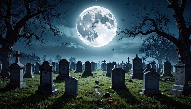 Spooky Halloween Night Cemetery with Full Moon Silhouetted Trees Starry Sky and Dark Forest Landscape Background