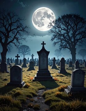 Spooky Halloween Night Cemetery with Full Moon Silhouetted Trees Starry Sky and Dark Forest Landscape Background