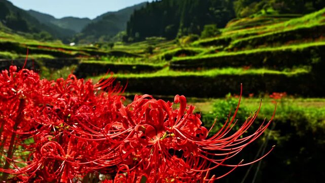 つづら棚田を彩る彼岸花（曼珠沙華）の秋風景 
福岡県うきは市
Autumn scenery of spider lilies (Lycoris radiata) adorning the Tsuzura rice terraces
Ukiha City, Fukuoka Prefecture