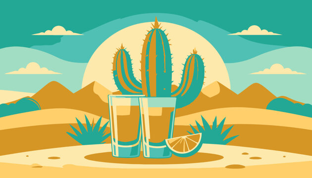 Desert landscape illustration with cactus and tequila shots.
