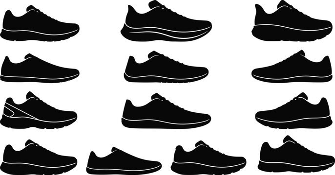 Black Running Shoe Silhouette Collection with Sport Sneaker Side View Vector Set