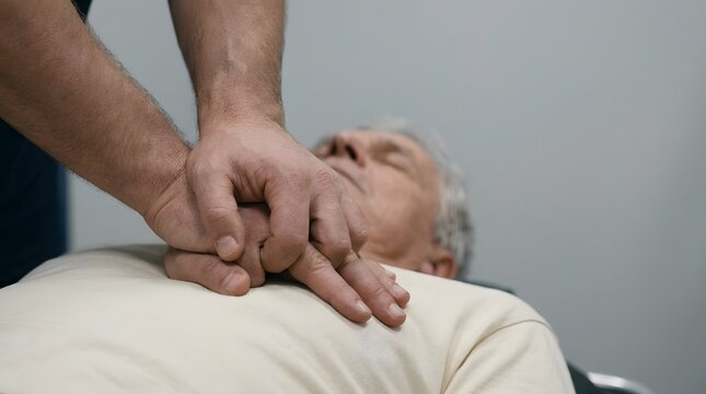 Close up view of hands performing lifesaving cardiopulmonary resuscitation