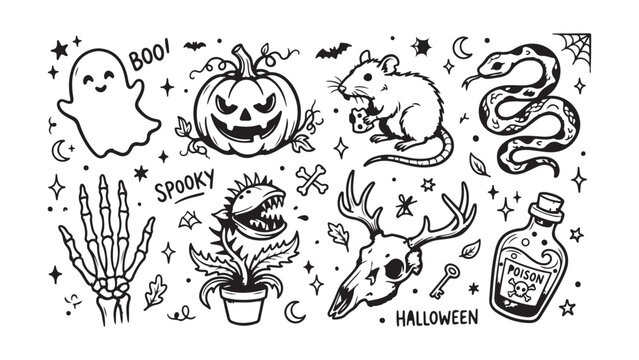 Halloween Themed Hand Drawn Illustration Set with Ghost and Pumpkin