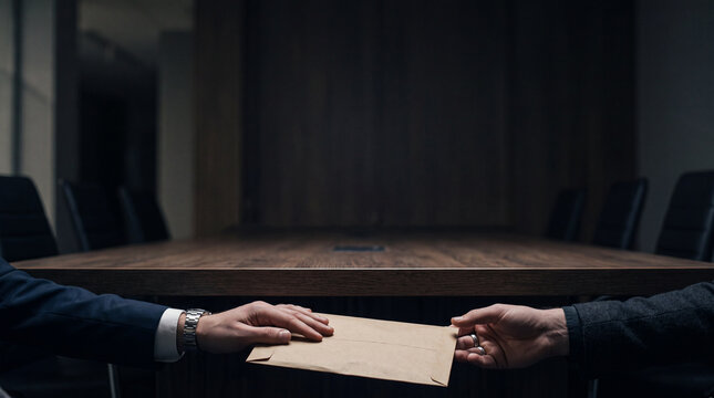 Whispers of power and covert dealings unfold as hands discretely pass an envelope across a polished boardroom table