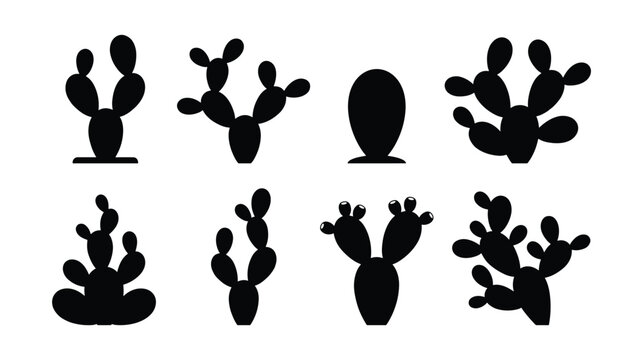 Prickly Pear Cactus Silhouette Icon Set Isolated on White Background