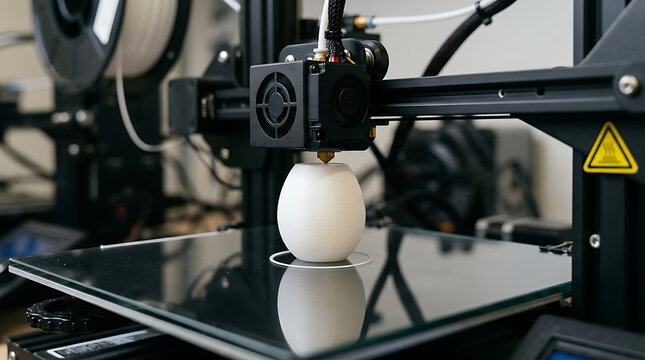 Close-up of active 3D printer creating white plastic vase object in workshop